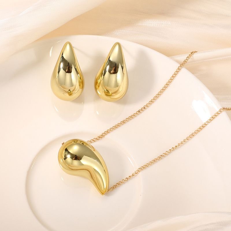 Women Fashion Water Drop Golden Metal Necklace Earrings Set