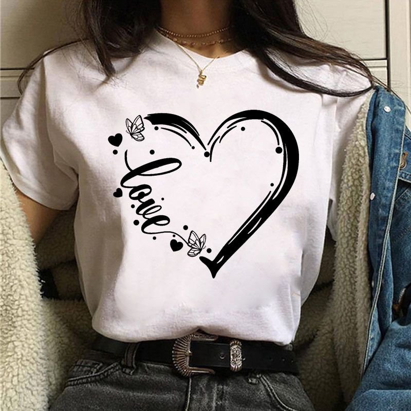 Women Simple Fashion Love Heart Printed T-Shirt