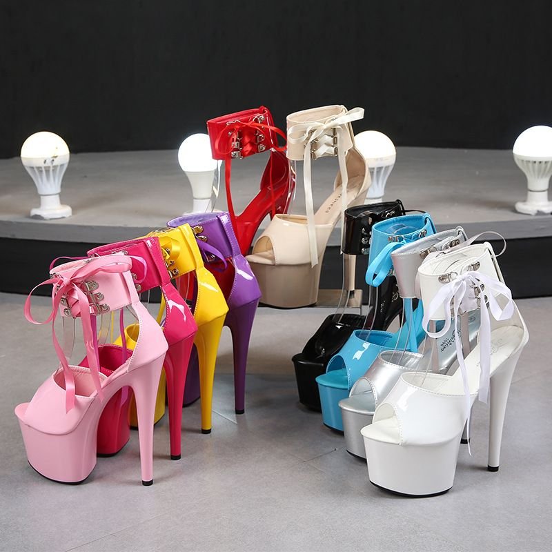 Nightclub Pole Dance Women Sexy Solid Color Lace-Up Platform 17Cm Thin Heeled Sandals