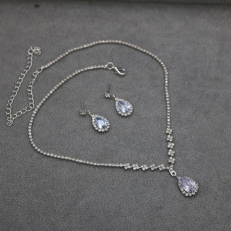 Women Simple Imitation Rhinestone Wedding Necklace Earring Set