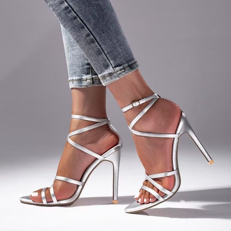 Women Fashion Sexy Plus Size Cross Strap Pointed Toe Heeled Sandals