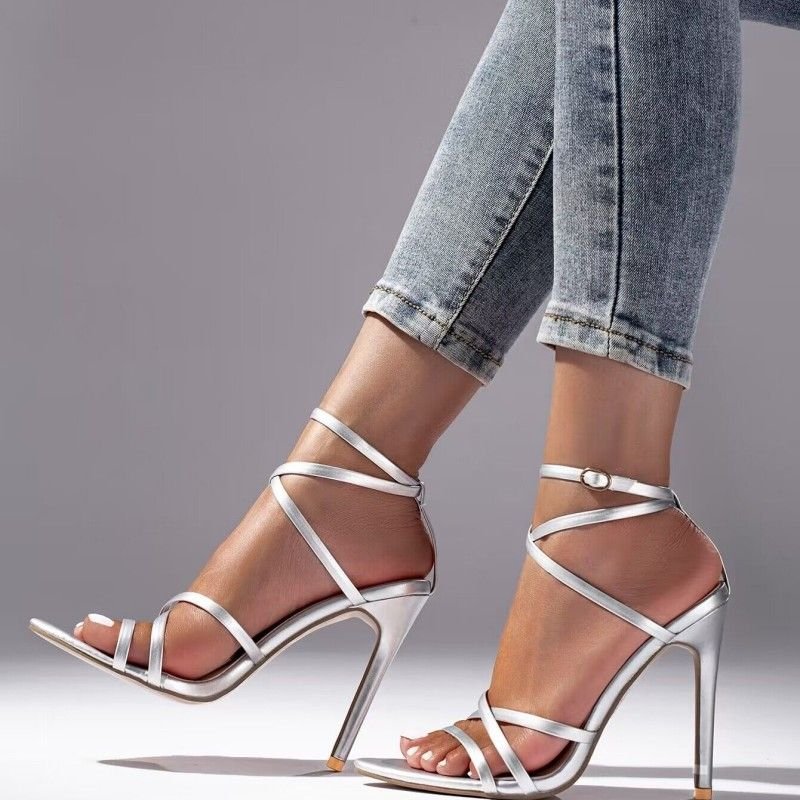 Women Fashion Sexy Plus Size Cross Strap Pointed Toe Heeled Sandals