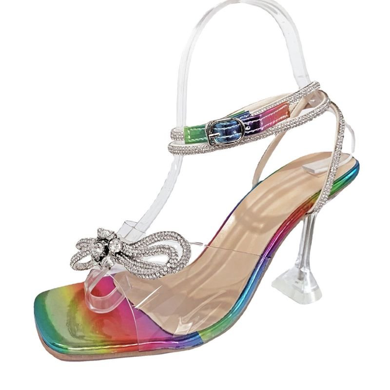 Summer Women Fashion Plus Size Sexy Bow Rhinestone Square Toe Heeled Sandals