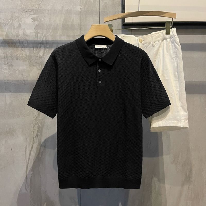 Men Fashion Casual Basic Solid Color Rib-Knit Short Sleeve Lapel POLO Shirt