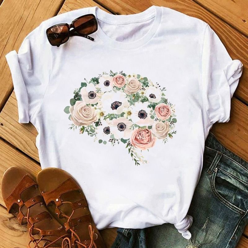 Summer Women Fashion Heart Floral Print Round Neck Short Sleeve T-Shirt