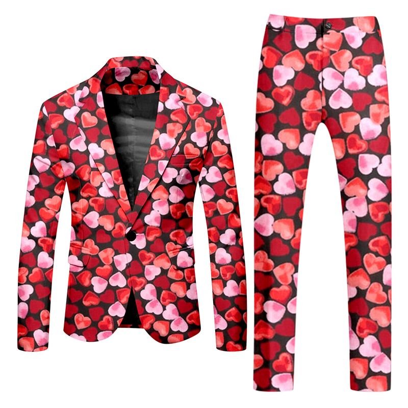 Men Fashion Casual Party Valentine Heart Shape Print Long Sleeve Lapel Suit Trousers Set