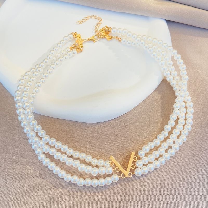 Women Fashion Creative V-Neck Pearl Multi-Layer Necklace Bracelet