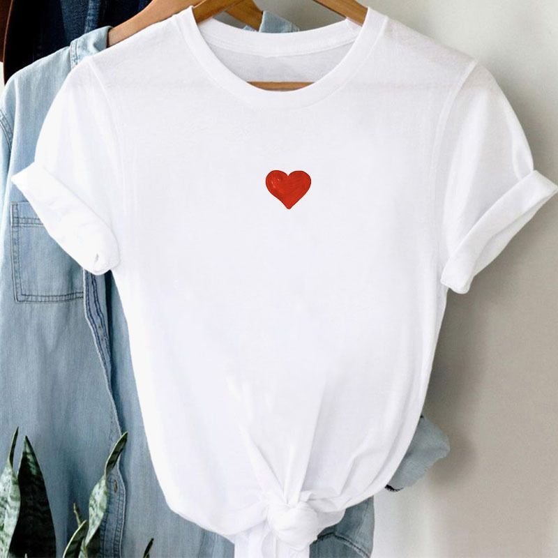Summer Women Fashion Casual Heart-Shaped Print Round Neck Short Sleeve T-Shirt