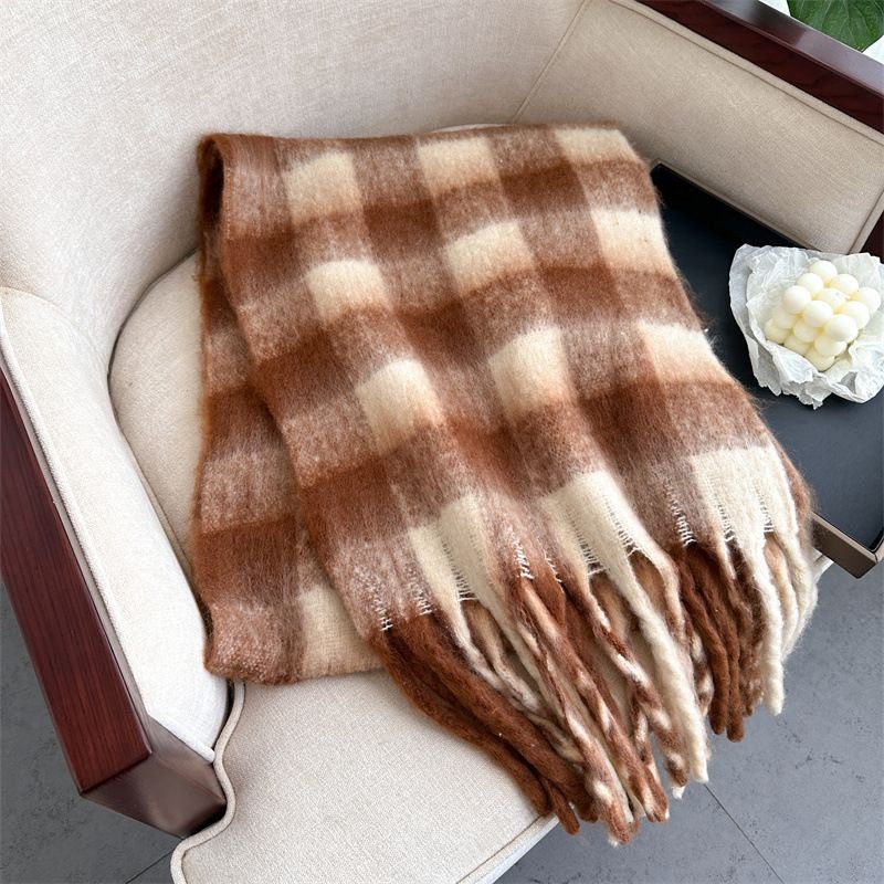 Autumn Winter Women Fashion Plaid Thickened Warm Tassel Scarf