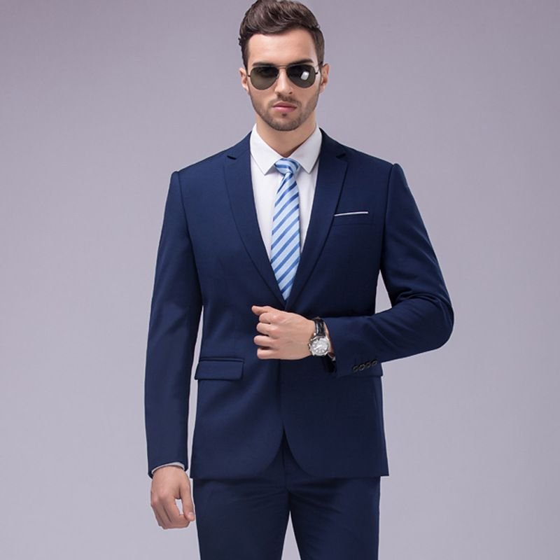 Men Business Wedding Office Solid Color Long Sleeve Lapel Suit Pants Plus Size Sets