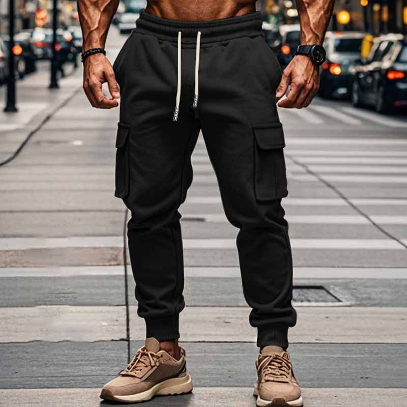 Men Winter Fashion Casual Basic Solid Color Fleeces Drawstring Waist Cargo Pants