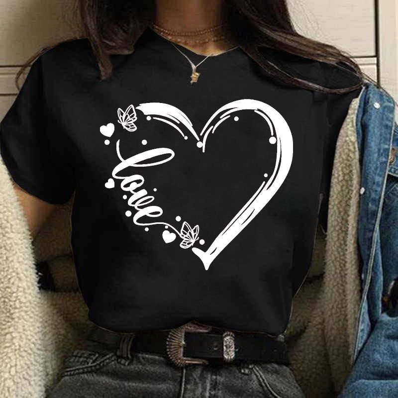 Women Simple Fashion Love Heart Printed T-Shirt