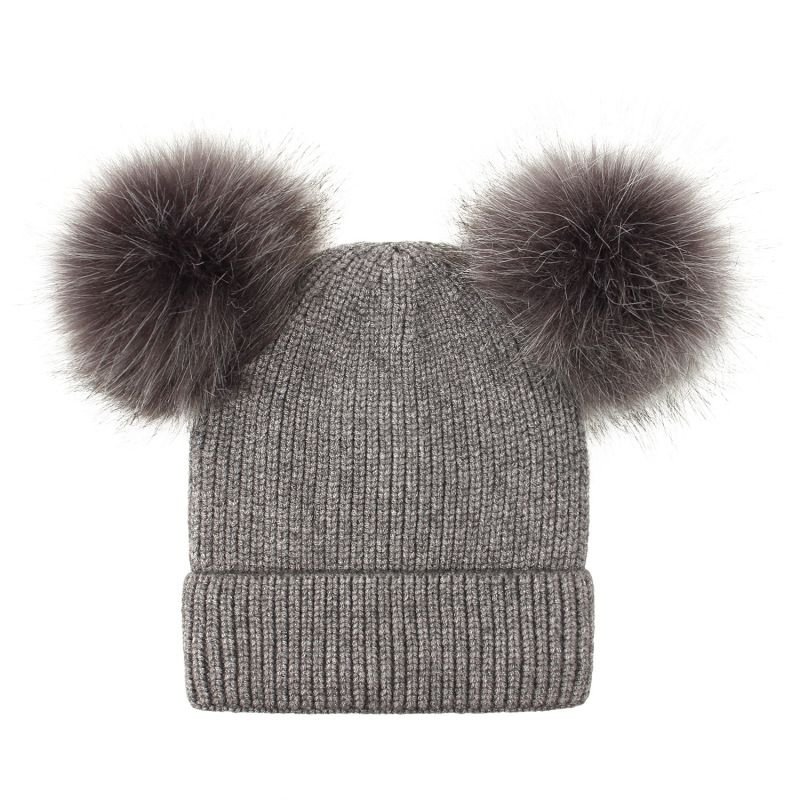 Fashion Winter Solid Color Knitted Mother And Kid Parent-Child Woolen Pompom Beanie Hat