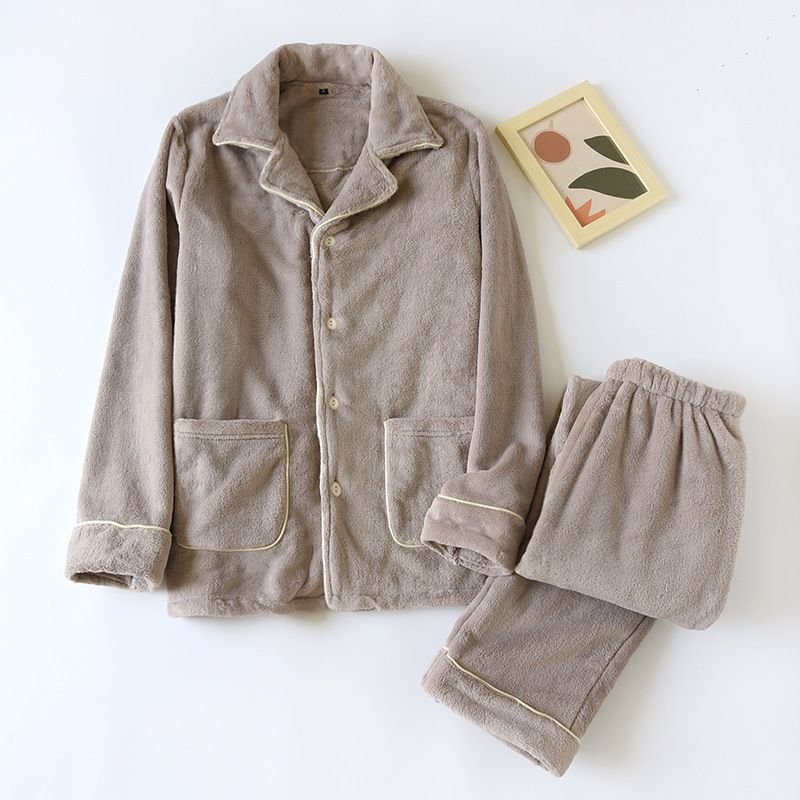Men Autumn Winter Casual House Pajamas Solid Color Flannel Long Sleeve Lapel Top Trousers Sets