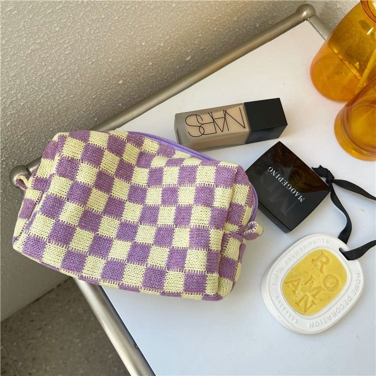 Korean Checkerboard Knitted Contrast Color Large Capacity Cosmetic Storage Bag