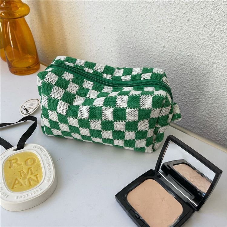 Korean Checkerboard Knitted Contrast Color Large Capacity Cosmetic Storage Bag