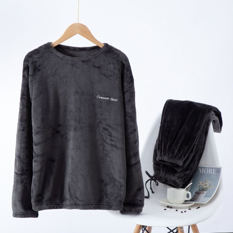 Men Autumn Winter Casual House Pajamas Solid Color Flannel Long Sleeve Lapel Top Trousers Sets