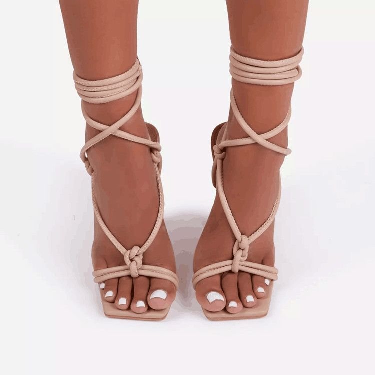 Women Fashion Sexy Plus Size Solid Color Cross Strap Square Toe High Heeled Sandals
