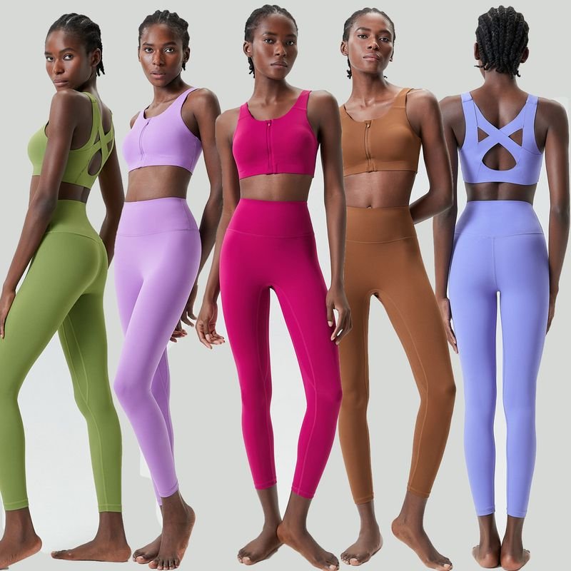 Women Casual Solid Color Shock-Proof Running Fitness Tight Top Yoga Pants Two-Piece Set