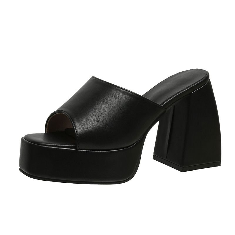 Women Fashion Square Toe Solid Color Chunky Heel Slippers Plus Size