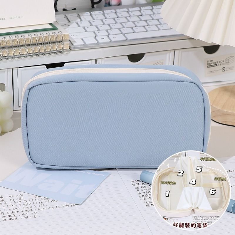 Simple Solid Color Large Capacity Zipper Pencil Bag Student Stationery