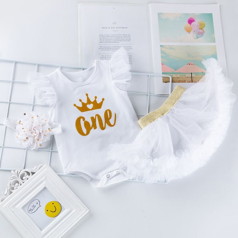 Kids Baby Girls Party Cute Letters Print Fluttering Sleeve Romper Skirt Set