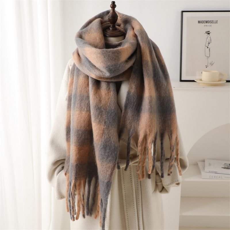 Autumn Winter Women Fashion Plaid Thickened Warm Tassel Scarf