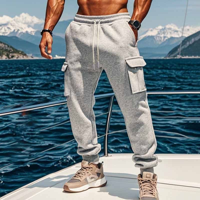 Men Winter Fashion Casual Basic Solid Color Fleeces Drawstring Waist Cargo Pants
