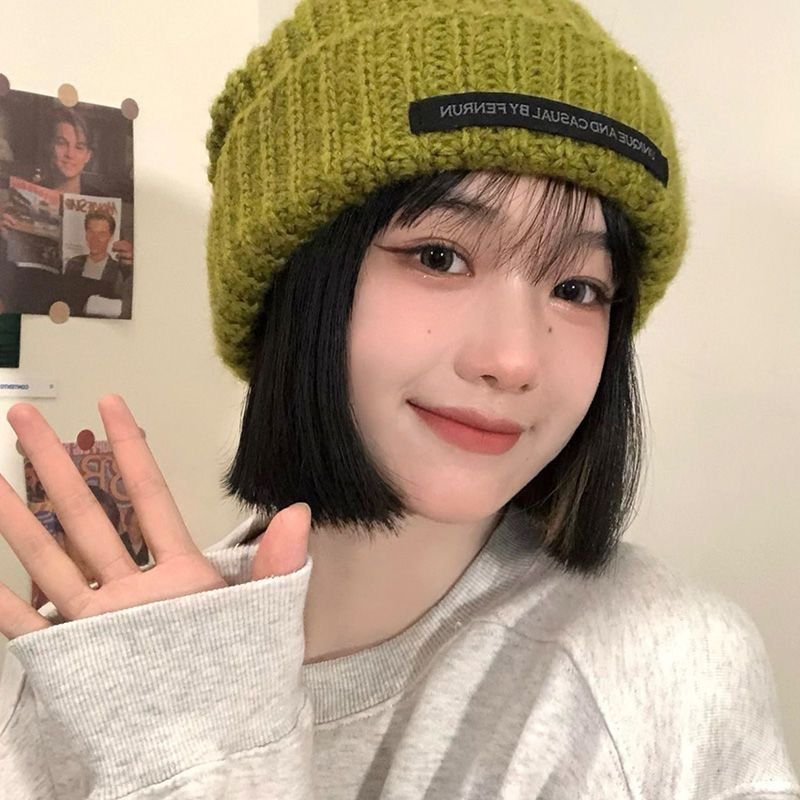 Women Autumn And Winter Patch Pile Big Head Wool Hat Knitted Beanie