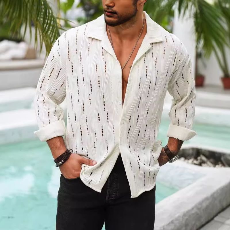 Men Fashion Casual Commuter Solid Color Hollow Long Sleeve Lapel Shirt