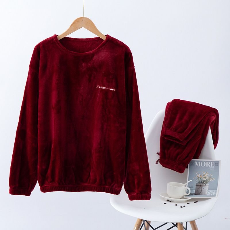 Men Autumn Winter Casual House Pajamas Solid Color Flannel Long Sleeve Lapel Top Trousers Sets