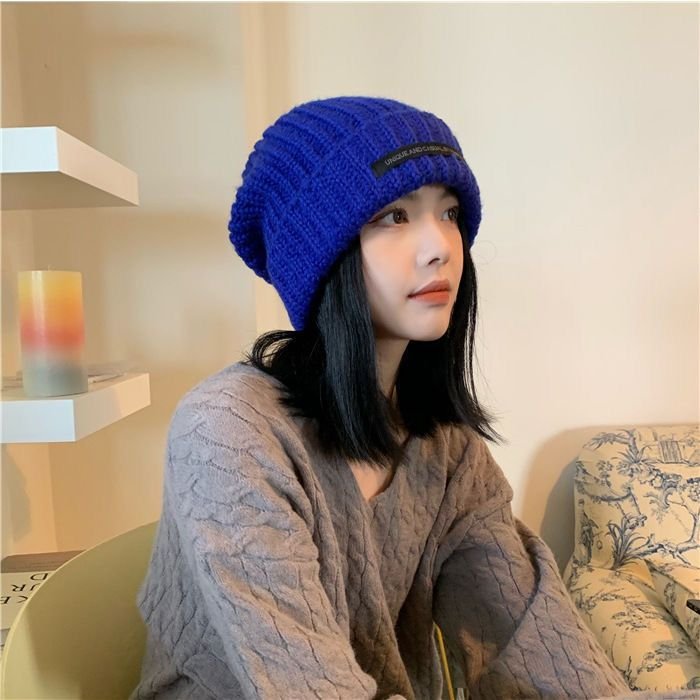 Women Autumn And Winter Patch Pile Big Head Wool Hat Knitted Beanie