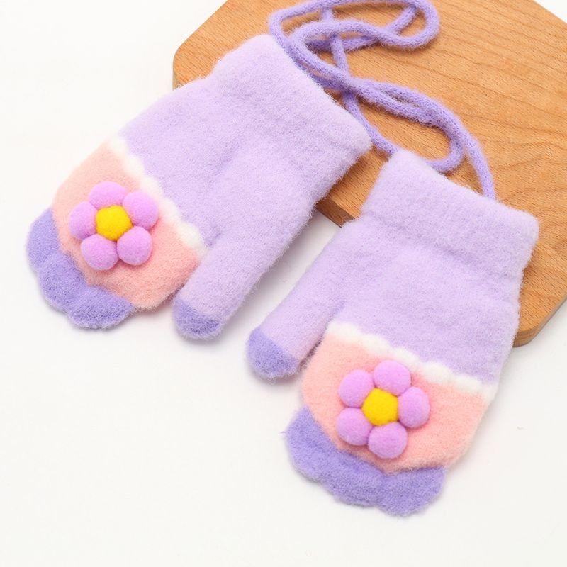 Kids Girls Fall Winter Casual Cute Flower Fleeces Knitwear Lanyard Gloves