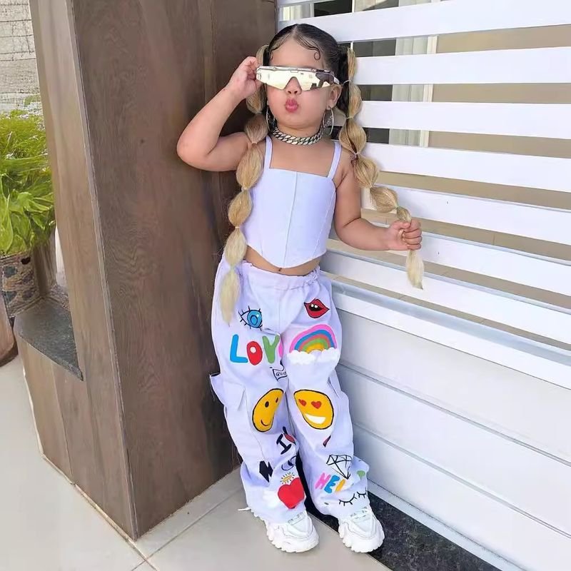 Toddler Girls Fashion Casual Tank Top Cartoon Printed Pants Two-Piece Set