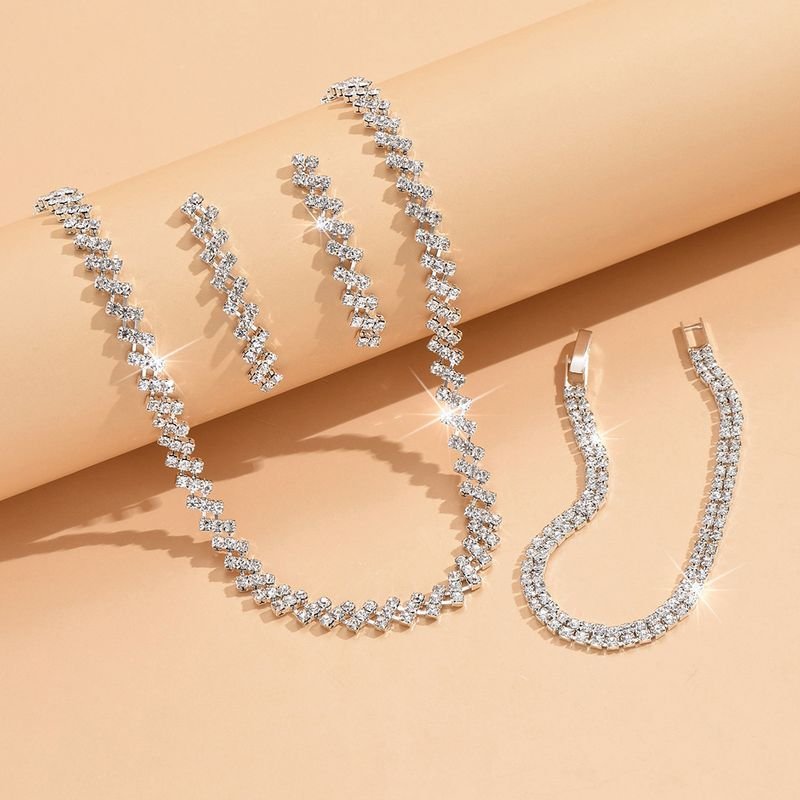 Women Fashion Simple Rhinestone Necklace Earrings Bracelet Three-Piece Set