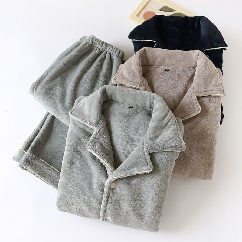 Men Autumn Winter Casual House Pajamas Solid Color Flannel Long Sleeve Lapel Top Trousers Sets