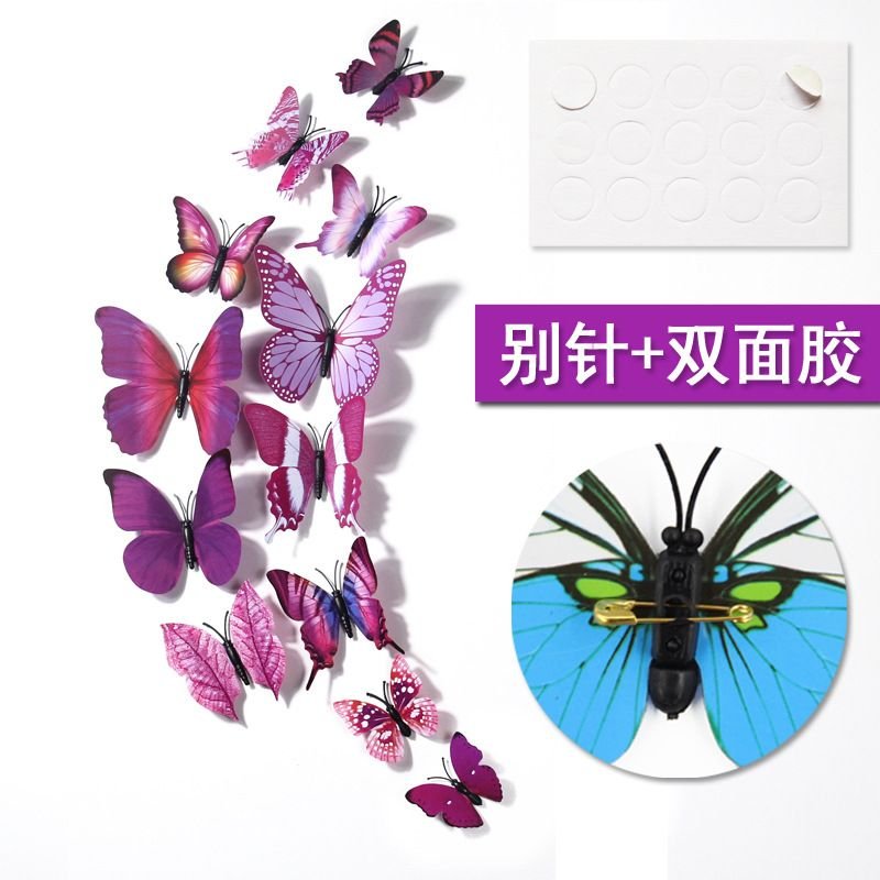 3d Home Decoration Simulation Butterfly Double-Sided Adhesive Multicolor Solid Color Wall Stickers 12pcs/set