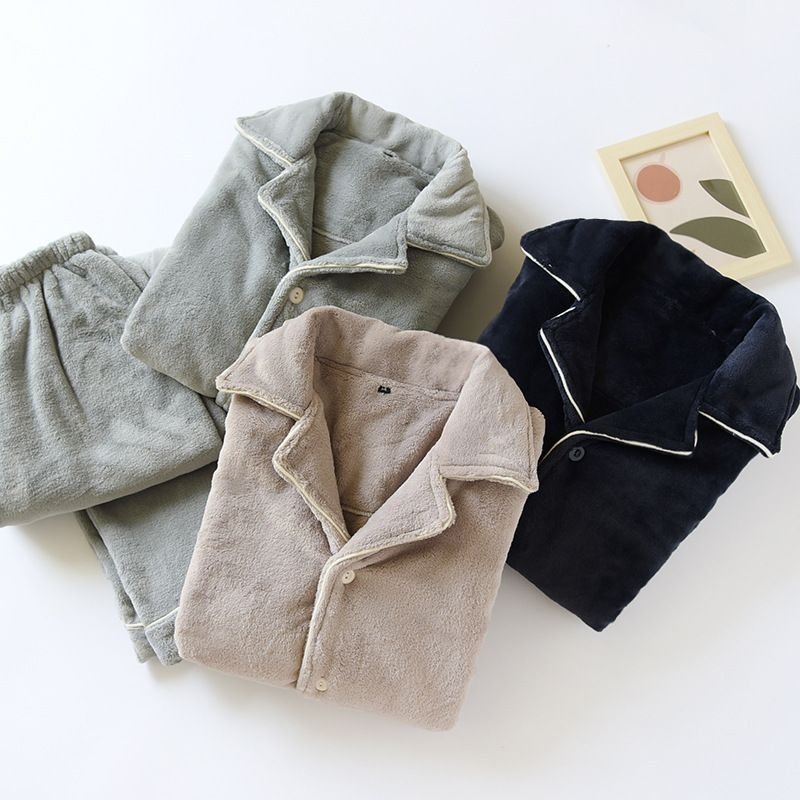 Men Autumn Winter Casual House Pajamas Solid Color Flannel Long Sleeve Lapel Top Trousers Sets