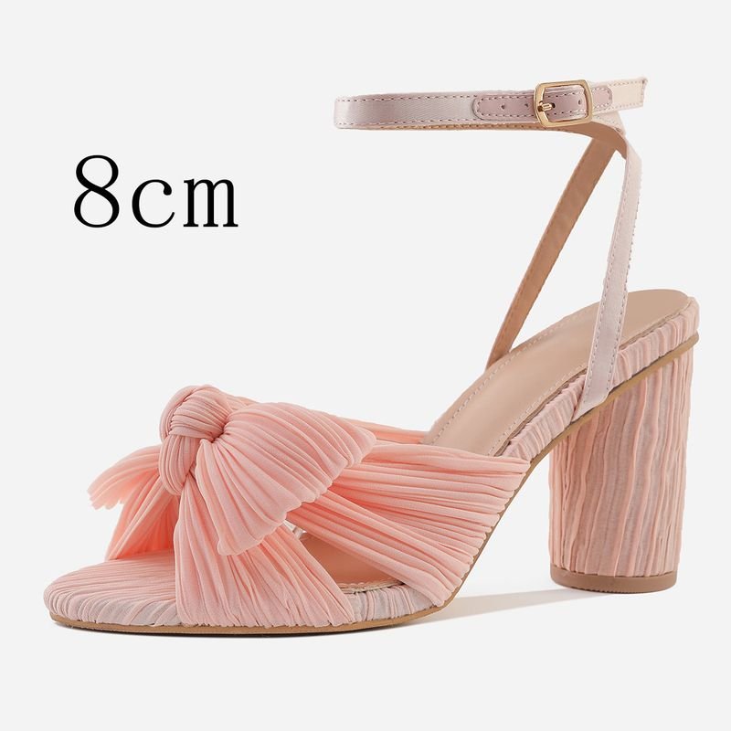Summer Women Fashionable Plus Size Solid Color Bow Round Toe Heeled Sandals