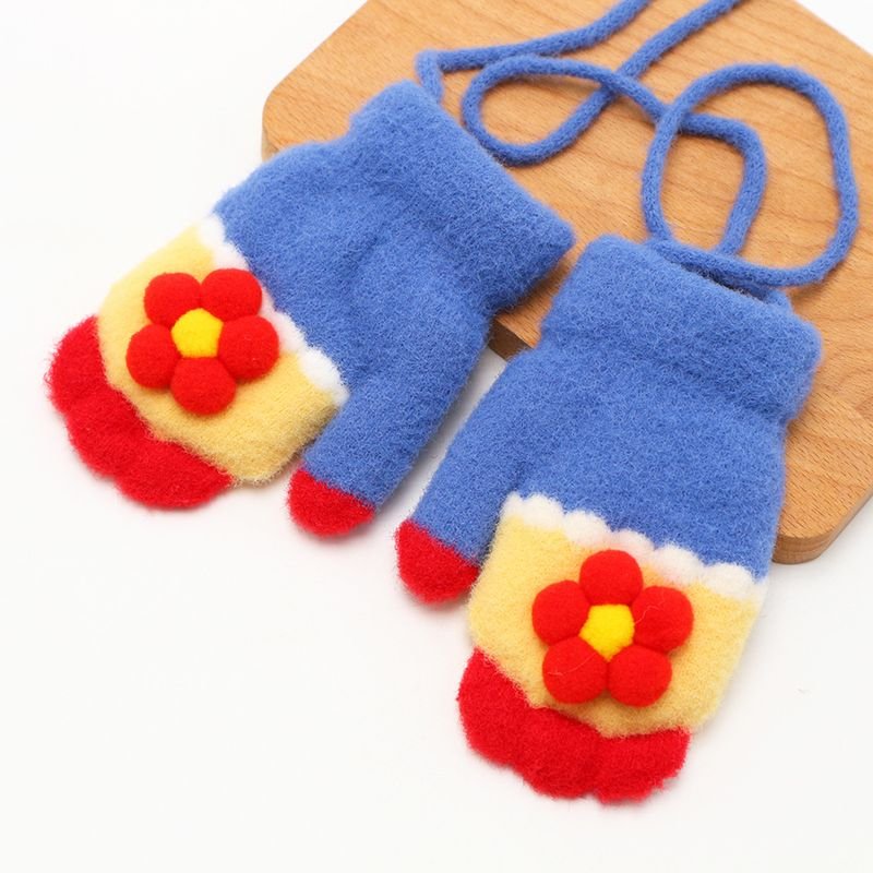 Kids Girls Fall Winter Casual Cute Flower Fleeces Knitwear Lanyard Gloves
