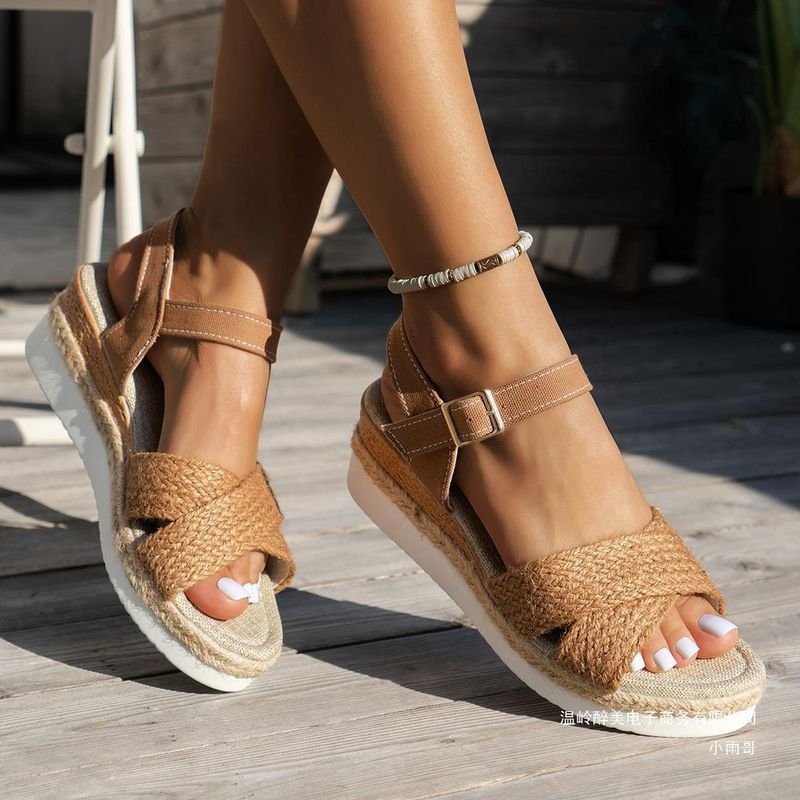Summer Women Casual Plus Size Hemp Rope Woven Thick-Soled Sandals