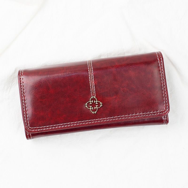 Women Fashion Vintage Oil Wax Leather Multi-Card Change Wallet Long Wallet