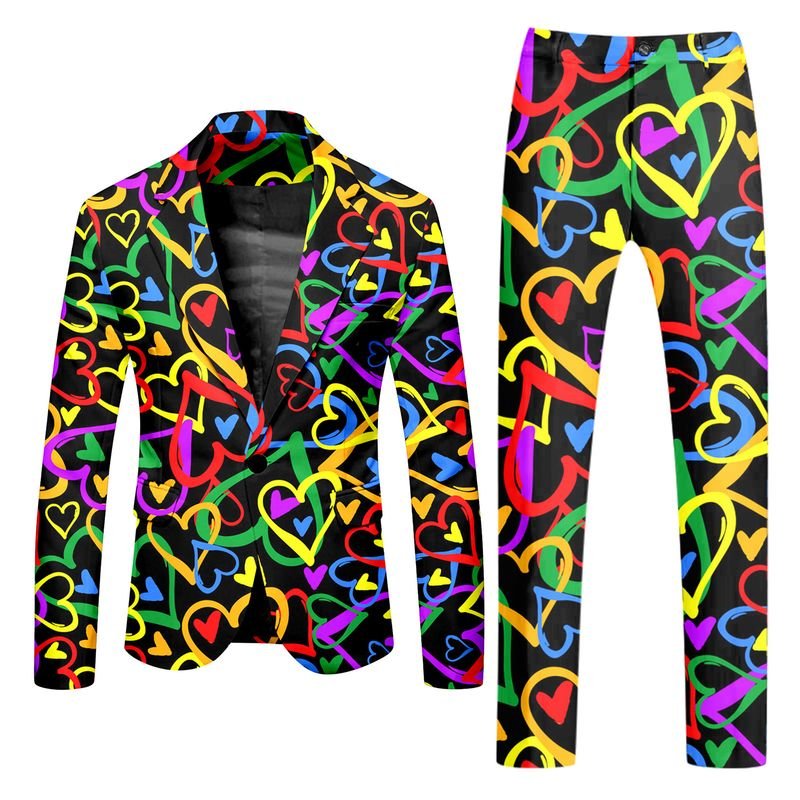 Men Fashion Casual Party Valentine Heart Shape Print Long Sleeve Lapel Suit Trousers Set