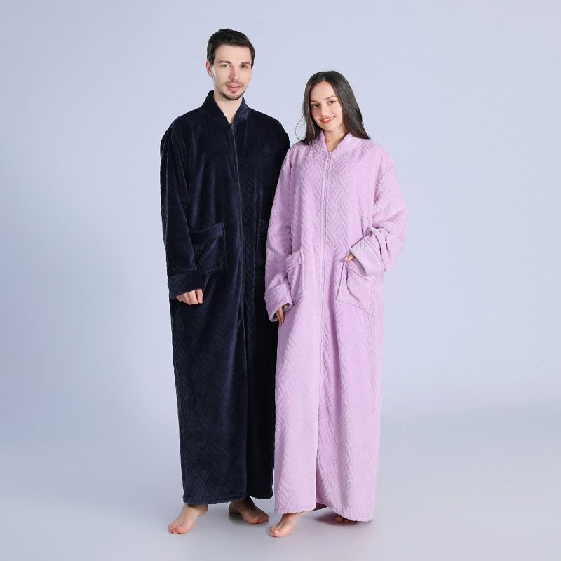 Couples Winter Fashion Casual Home Solid Color Stripe Flannel V Neck Zipper Long Sleeve Robes Sleepwear