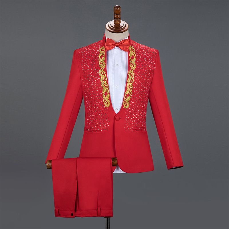 Men Fashion Casual Party Sequins Long Sleeve Stand Collar Suit Trousers Set